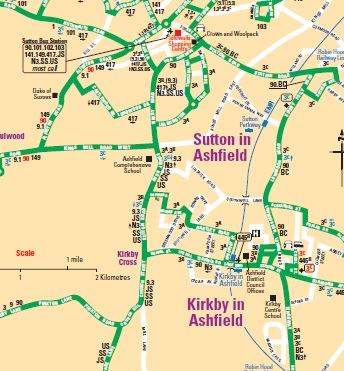 Sutton in Ashfield and Kirkby in Ashfield bus map